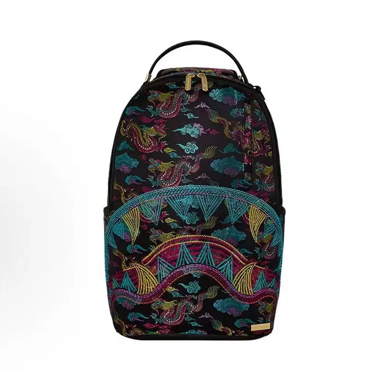 Sprayground Colorful Dragon Embroidered Shark Backpack Chinese Pattern Waterproof Laptop School Travel Bag