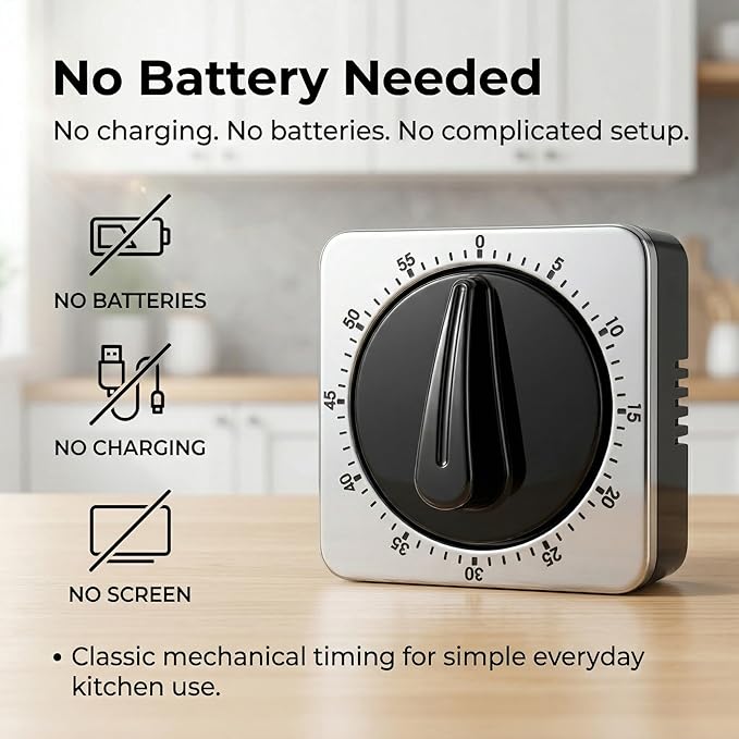 Searon Kitchen Timers for Cooking, Mechanical Wind Up Timer with Loud Ring, Magnetic Back, No Battery Needed, Stainless Steel Countdown Timer for Cooking and Baking