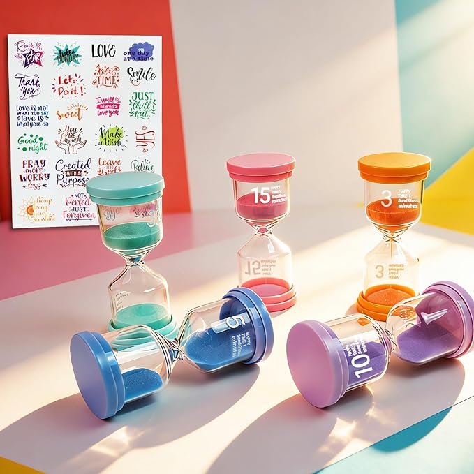 Sand Timer Set 3/5/10/15/30 Minutes with Inspirational Sticker Sheet, Colorful Decorative Hourglass for Home Office Kitchen Time Management, Decorative Sand Clock