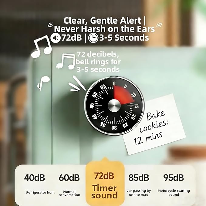 Kitchen Magnetic Visual Cooking Mechanical Timer with Loud Alarm, No Batteries Required, Stainless Steel, Countdown 60 Minute Wind Up Timer for Study, Chef, Teacher, Office (Black)