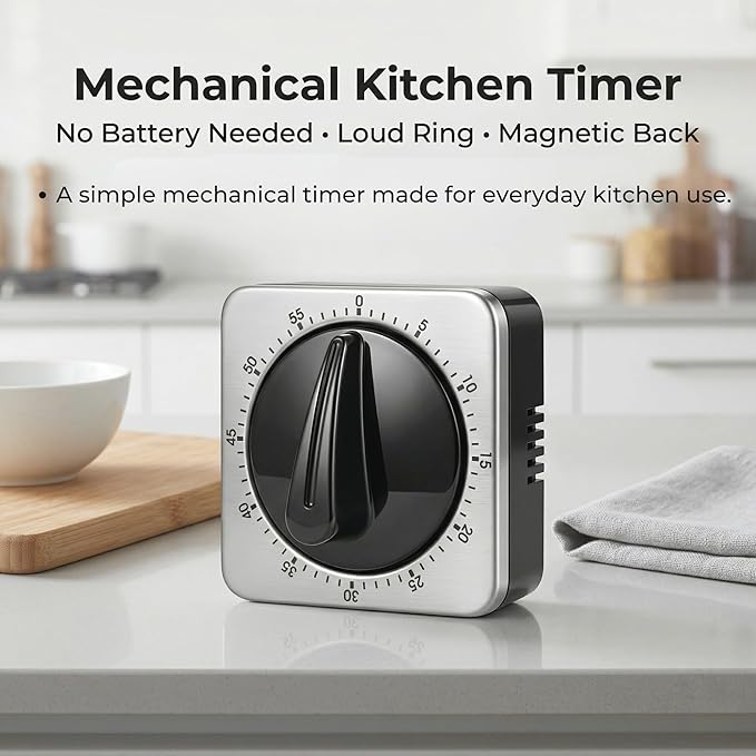 Searon Kitchen Timers for Cooking, Mechanical Wind Up Timer with Loud Ring, Magnetic Back, No Battery Needed, Stainless Steel Countdown Timer for Cooking and Baking