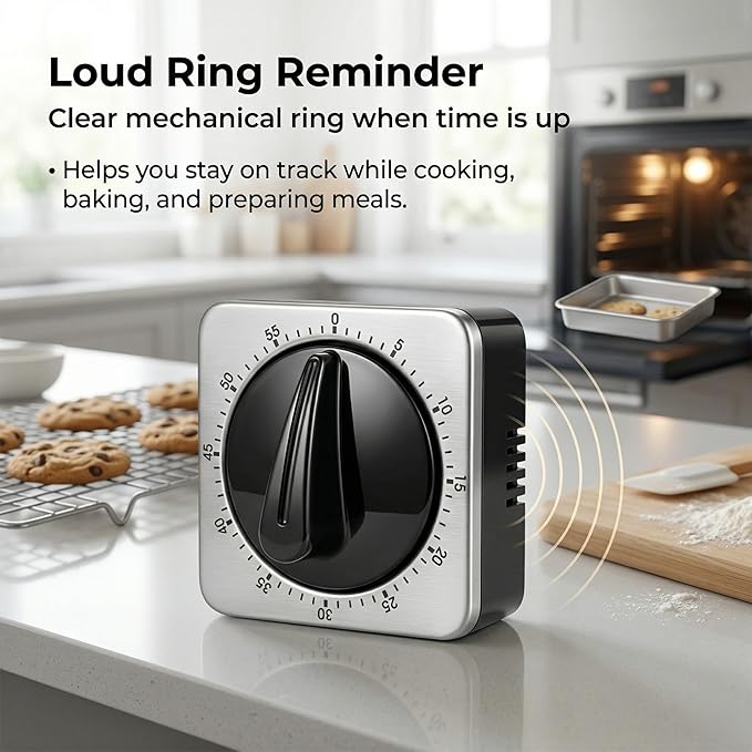 Searon Kitchen Timers for Cooking, Mechanical Wind Up Timer with Loud Ring, Magnetic Back, No Battery Needed, Stainless Steel Countdown Timer for Cooking and Baking
