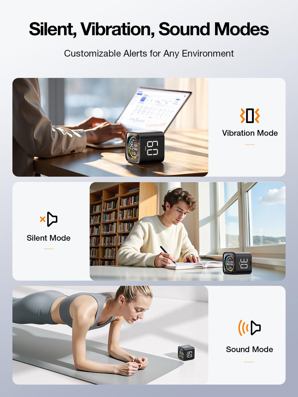 Ticktime TK3 Pomodoro Timer Cube | 25/5 Presets, Custom Countdown, 3 Alarms, Silent/Vibrate Alerts